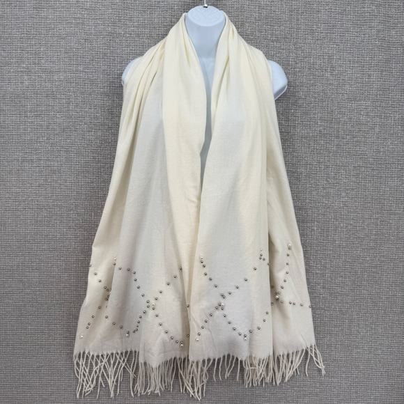 Jessica McClintock Accessories - Womens Cream Fringed Scarf Silver Rhinestone Embellishments Soft Shawl Boho Glam